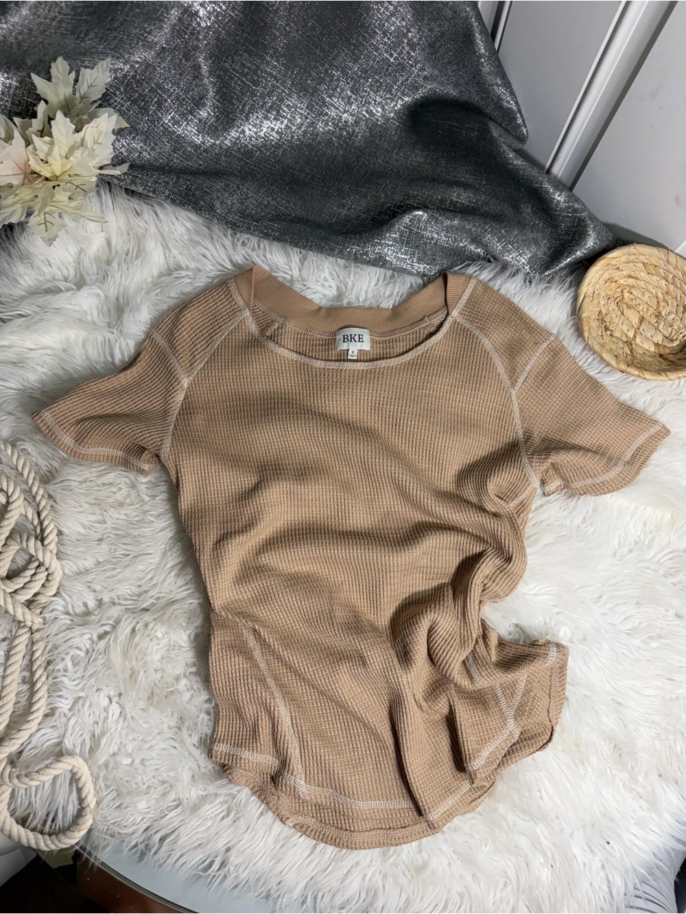 BKE Beige Short Sleeve Ribbed Top